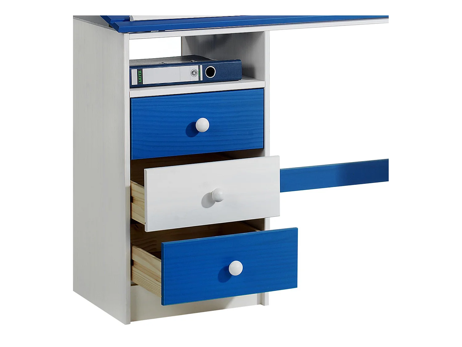 Bureau enfant écolier junior KEVIN pupitre inclinable avec 3 tiroirs 1 casier en pin massif lasuré blanc et bleu