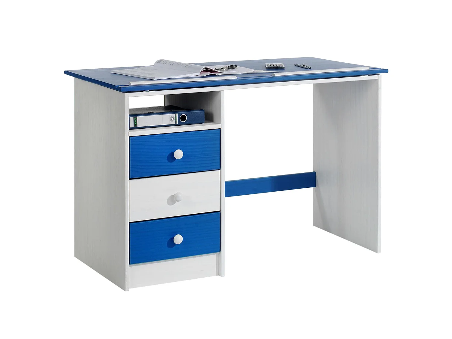 Bureau enfant écolier junior KEVIN pupitre inclinable avec 3 tiroirs 1 casier en pin massif lasuré blanc et bleu