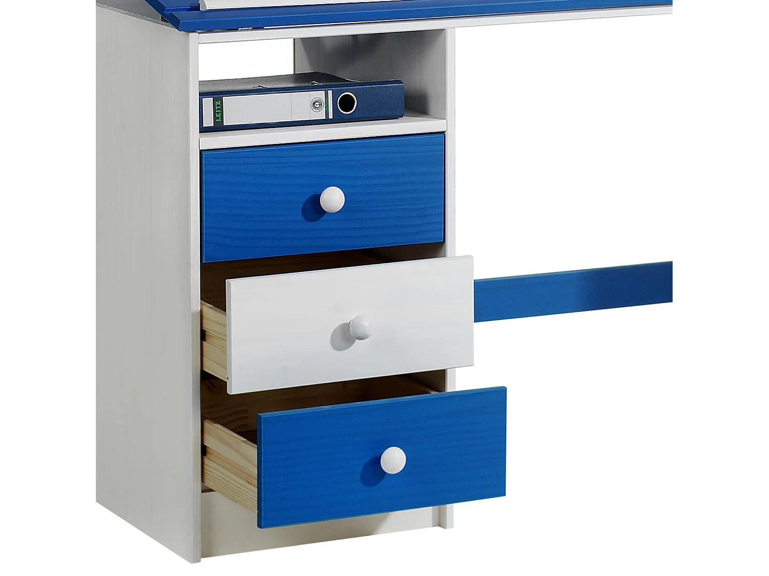 Bureau enfant écolier junior KEVIN pupitre inclinable avec 3 tiroirs 1 casier en pin massif lasuré blanc et bleu
