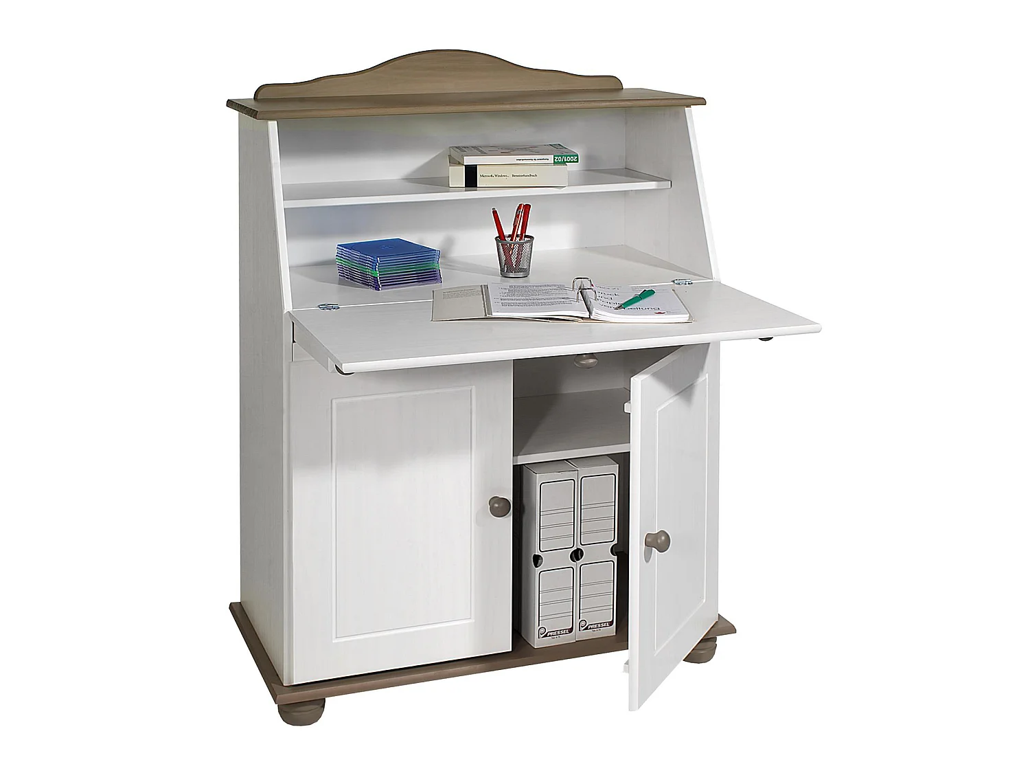 Bureau secrétaire DAVID avec abattant rangement plusieurs étagères 2 portes plan de travail rabattable, en pin massif taupe et blanc