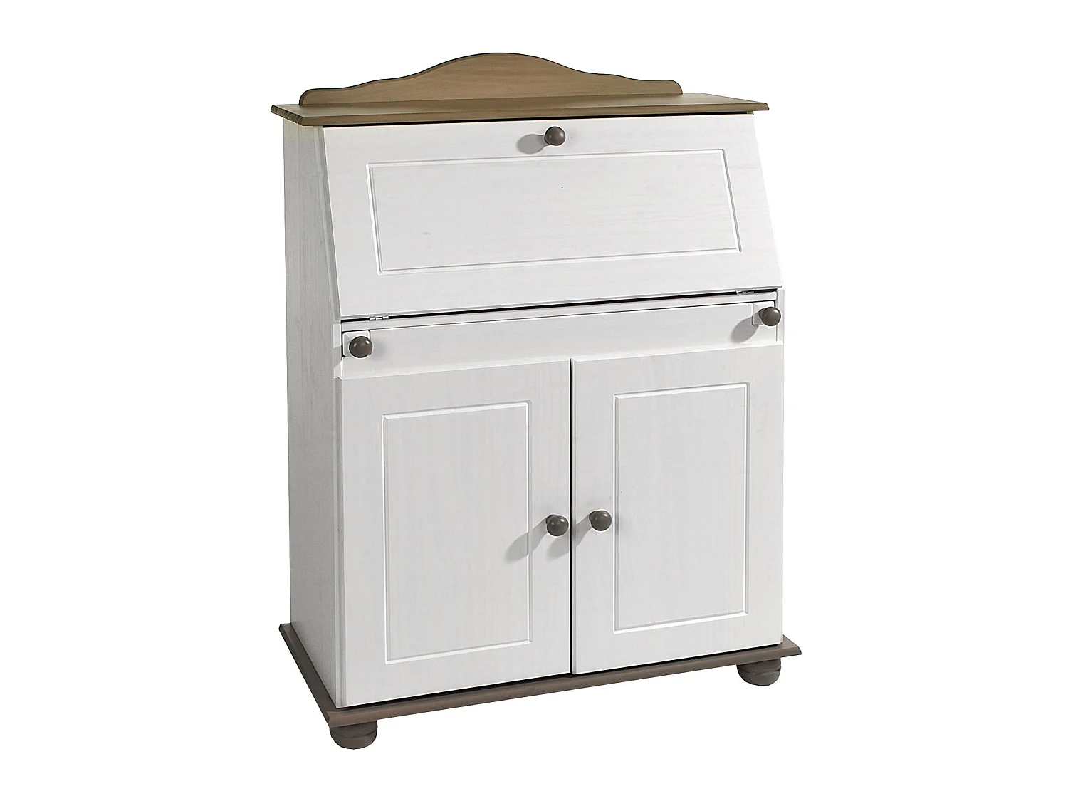 Bureau secrétaire DAVID avec abattant rangement plusieurs étagères 2 portes plan de travail rabattable, en pin massif taupe et blanc