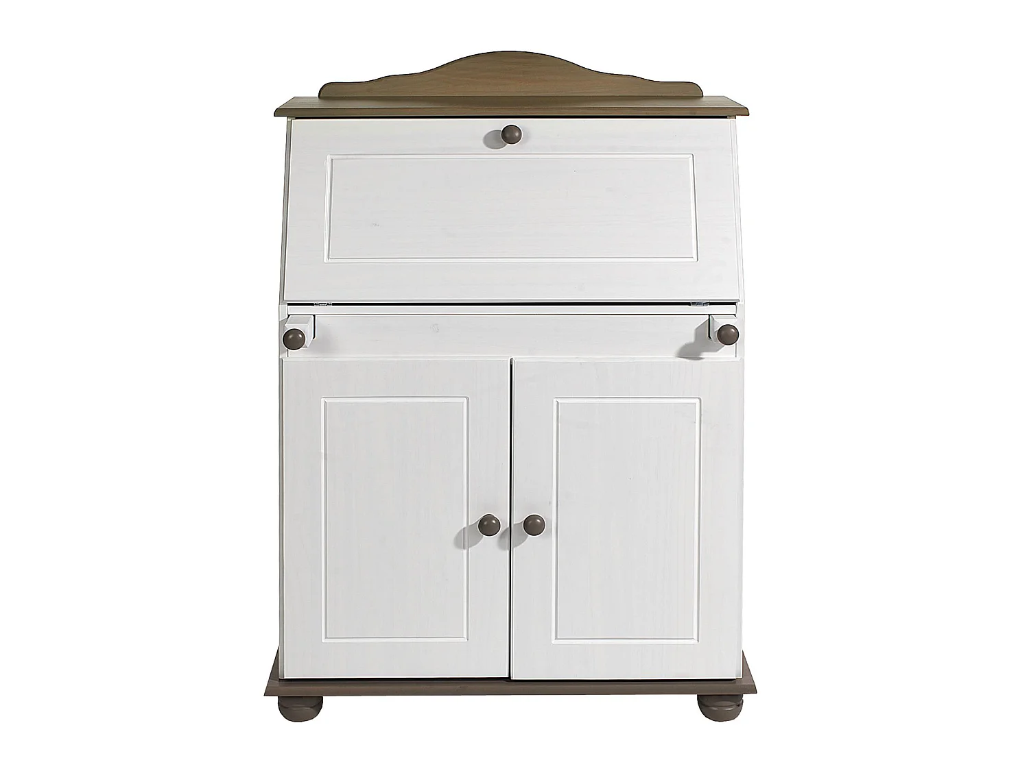 Bureau secrétaire DAVID avec abattant rangement plusieurs étagères 2 portes plan de travail rabattable, en pin massif taupe et blanc