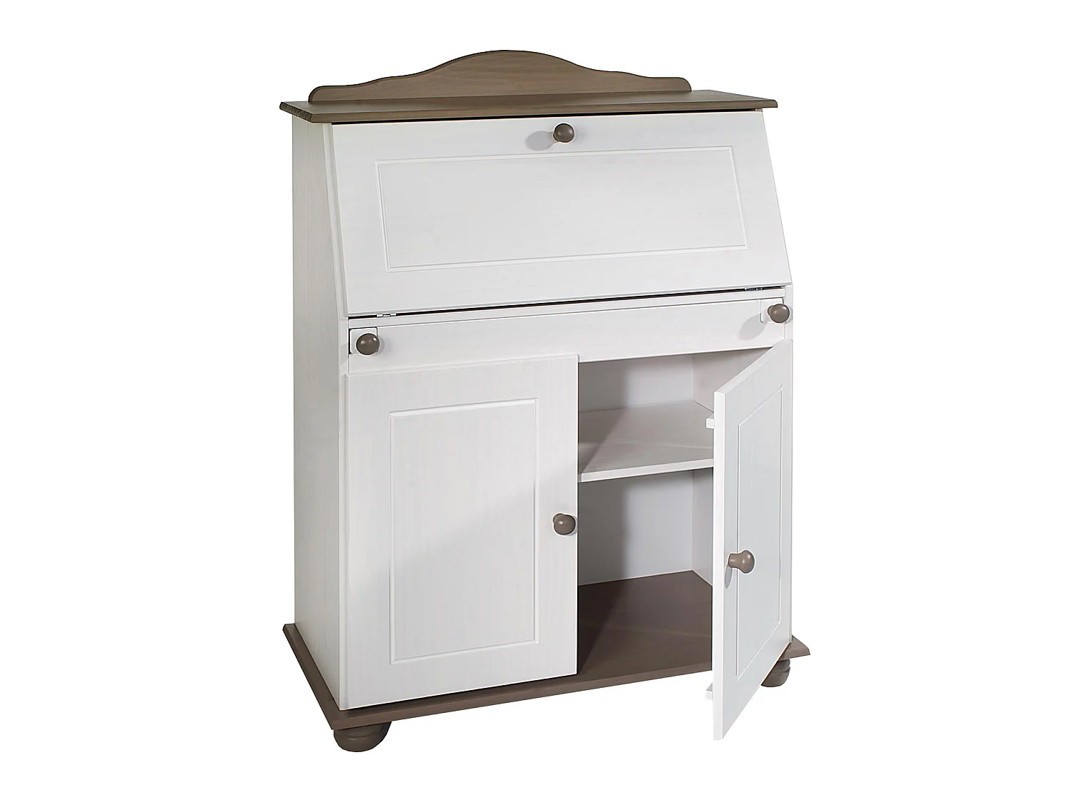 Bureau secrétaire DAVID avec abattant rangement plusieurs étagères 2 portes plan de travail rabattable, en pin massif taupe et blanc