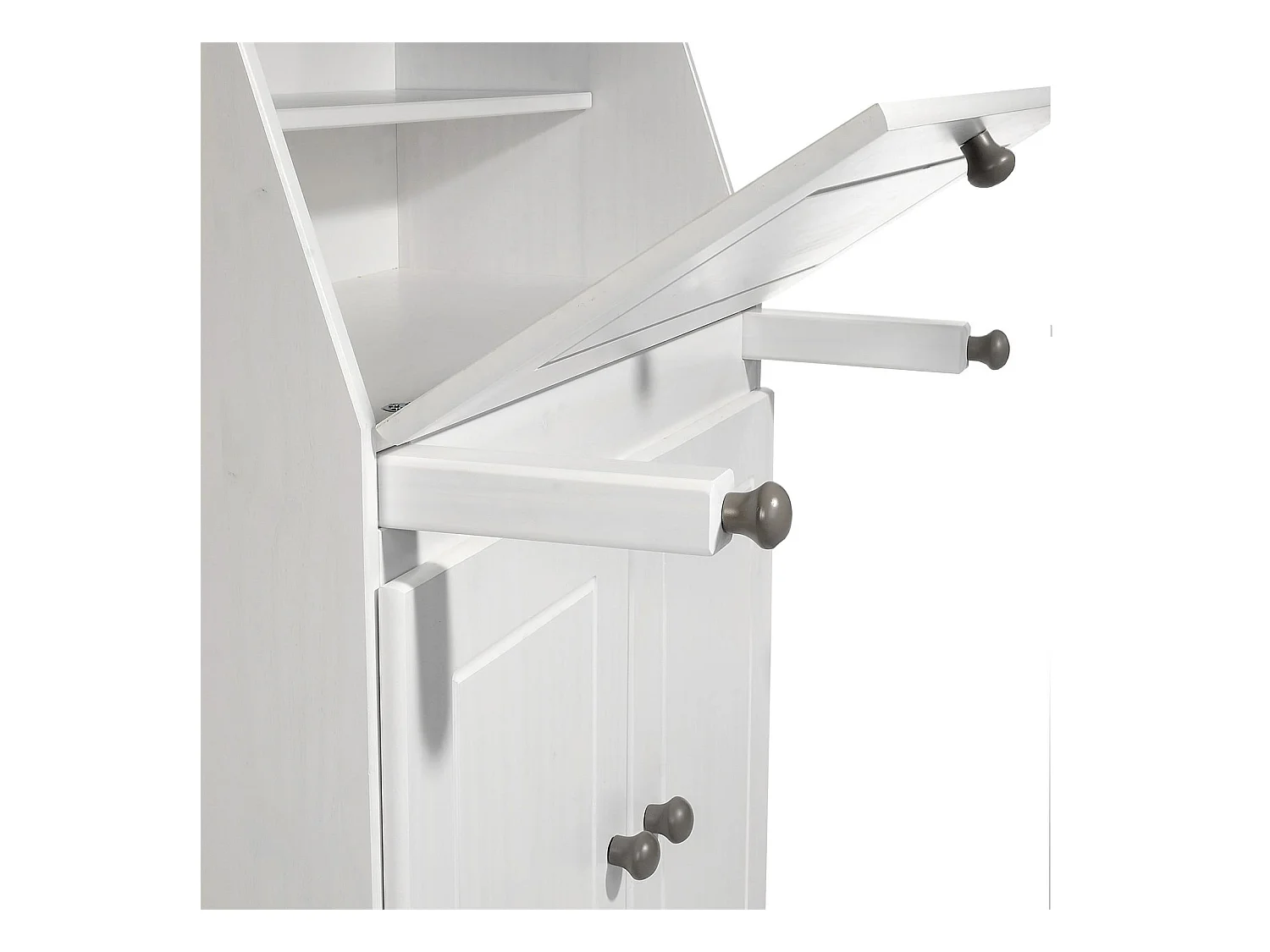 Bureau secrétaire DAVID avec abattant rangement plusieurs étagères 2 portes plan de travail rabattable, en pin massif taupe et blanc