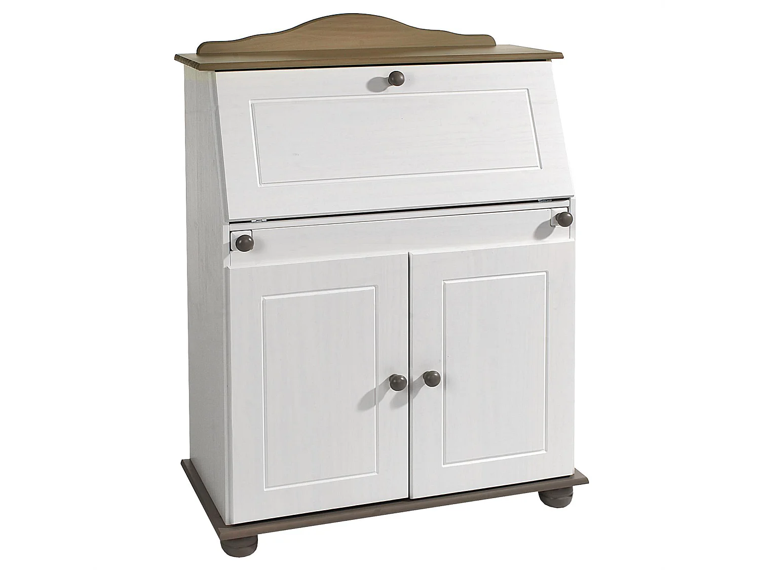 Bureau secrétaire DAVID avec abattant rangement plusieurs étagères 2 portes plan de travail rabattable, en pin massif taupe et blanc