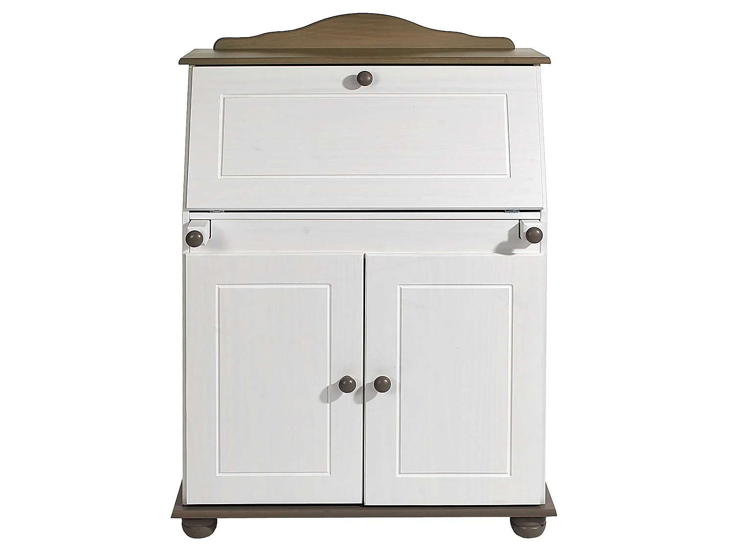 Bureau secrétaire DAVID avec abattant rangement plusieurs étagères 2 portes plan de travail rabattable, en pin massif taupe et blanc