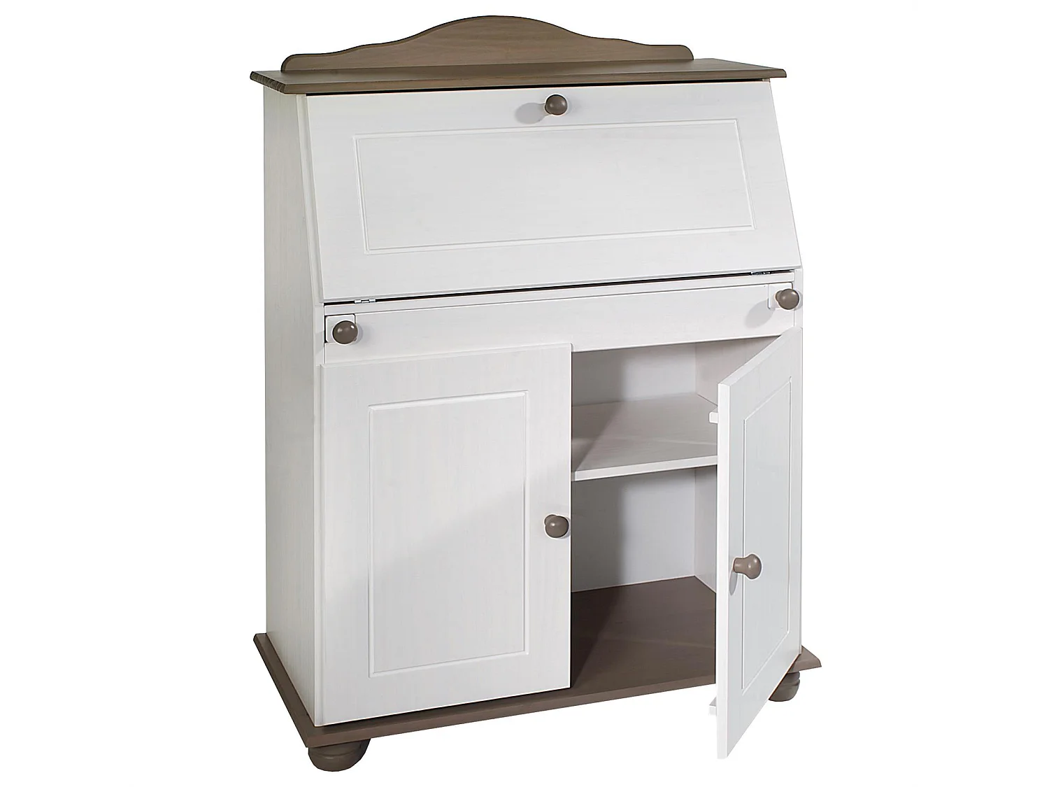 Bureau secrétaire DAVID avec abattant rangement plusieurs étagères 2 portes plan de travail rabattable, en pin massif taupe et blanc