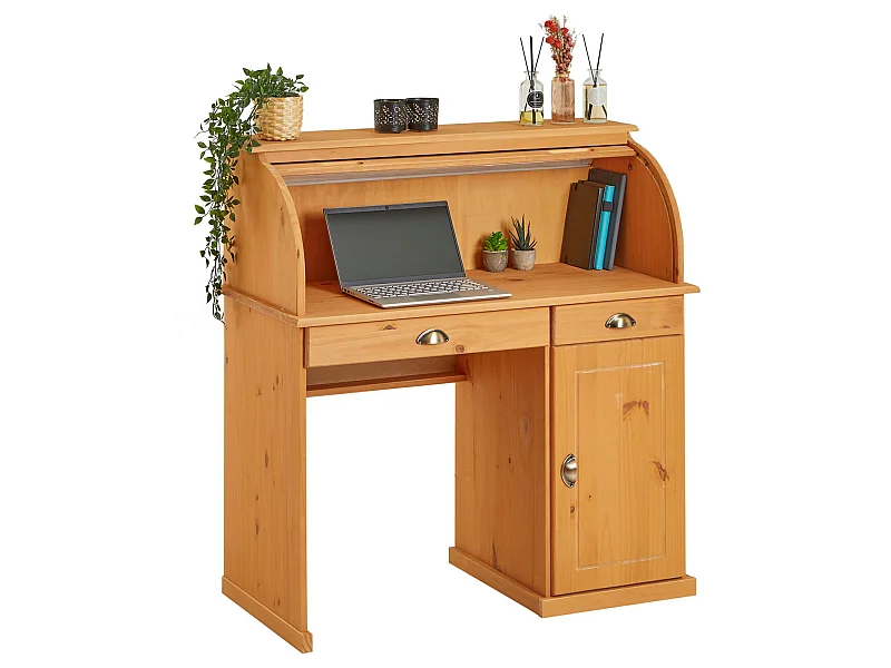 Bureau secrétaire TOM avec volet roulant rangement 2 tiroirs et 1 porte avec étagère, en pin massif lasuré brun