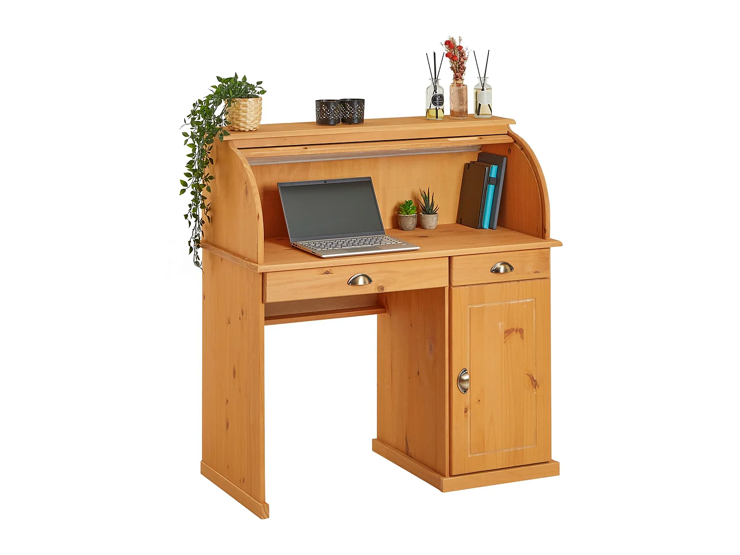 Bureau secrétaire TOM avec volet roulant rangement 2 tiroirs et 1 porte avec étagère, en pin massif lasuré brun