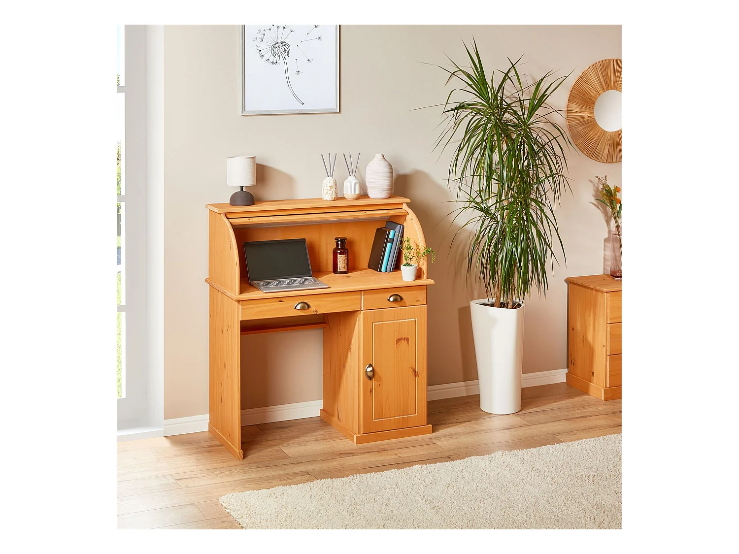 Bureau secrétaire TOM avec volet roulant rangement 2 tiroirs et 1 porte avec étagère, en pin massif lasuré brun