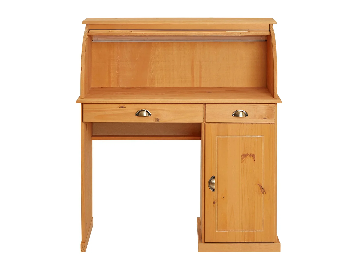 Bureau secrétaire TOM avec volet roulant rangement 2 tiroirs et 1 porte avec étagère, en pin massif lasuré brun