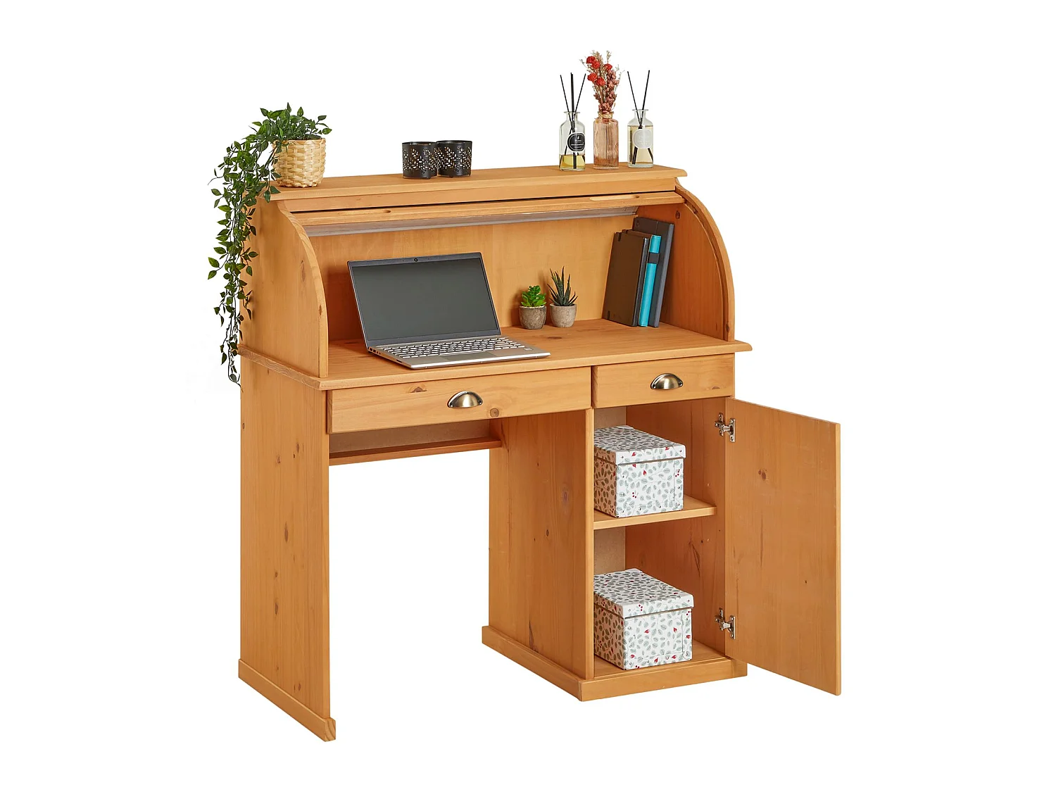 Bureau secrétaire TOM avec volet roulant rangement 2 tiroirs et 1 porte avec étagère, en pin massif lasuré brun