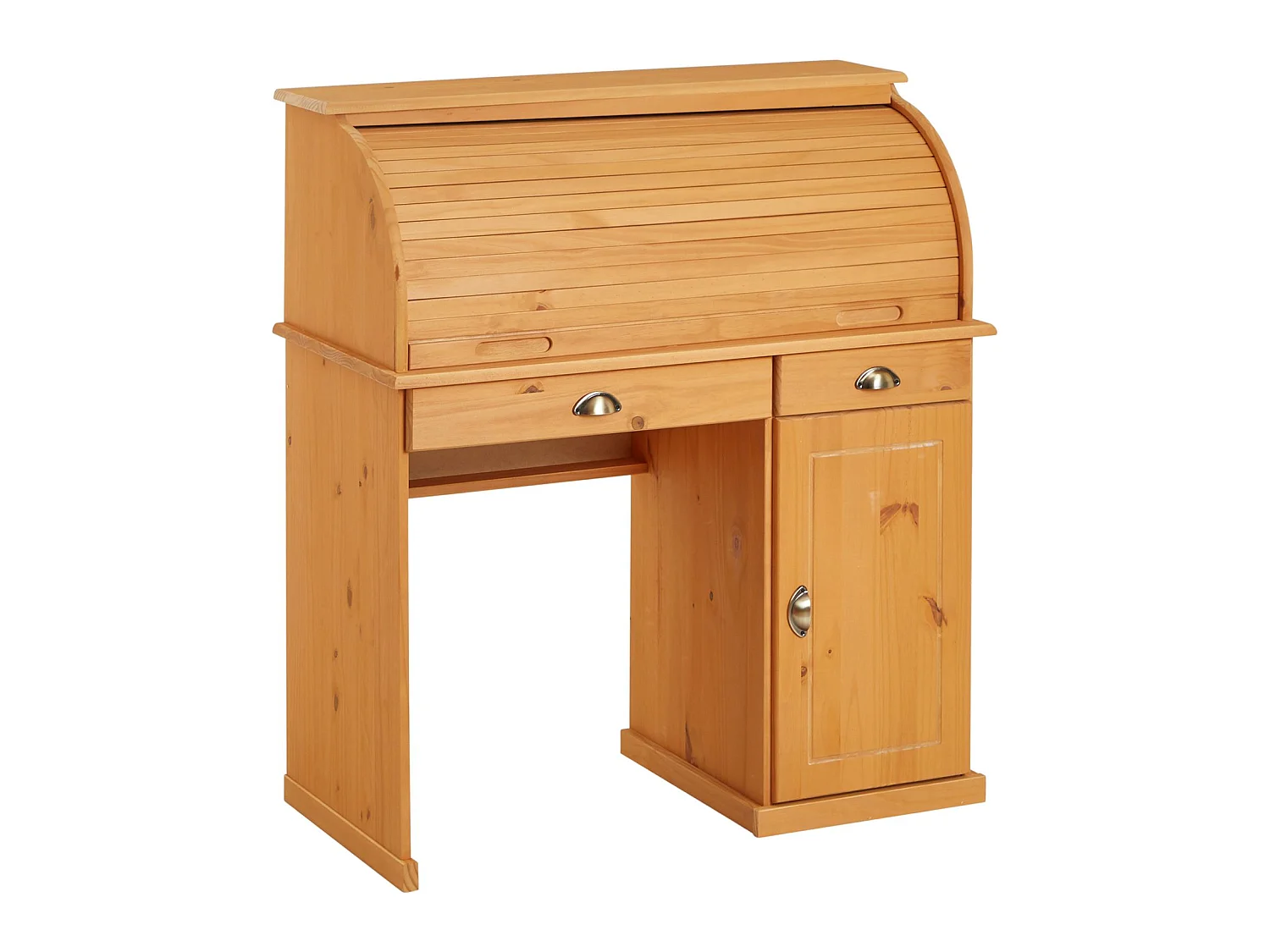 Bureau secrétaire TOM avec volet roulant rangement 2 tiroirs et 1 porte avec étagère, en pin massif lasuré brun