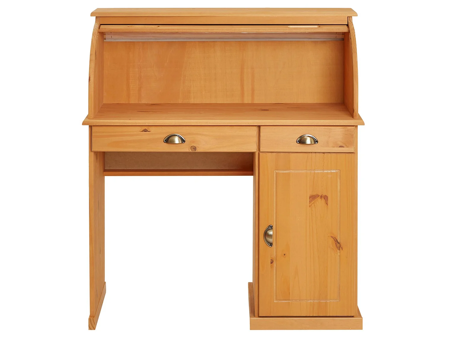 Bureau secrétaire TOM avec volet roulant rangement 2 tiroirs et 1 porte avec étagère, en pin massif lasuré brun