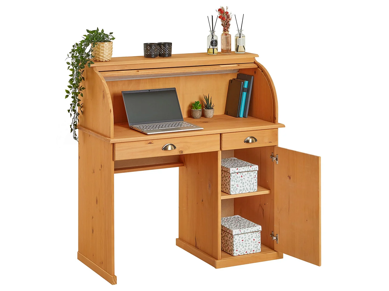 Bureau secrétaire TOM avec volet roulant rangement 2 tiroirs et 1 porte avec étagère, en pin massif lasuré brun