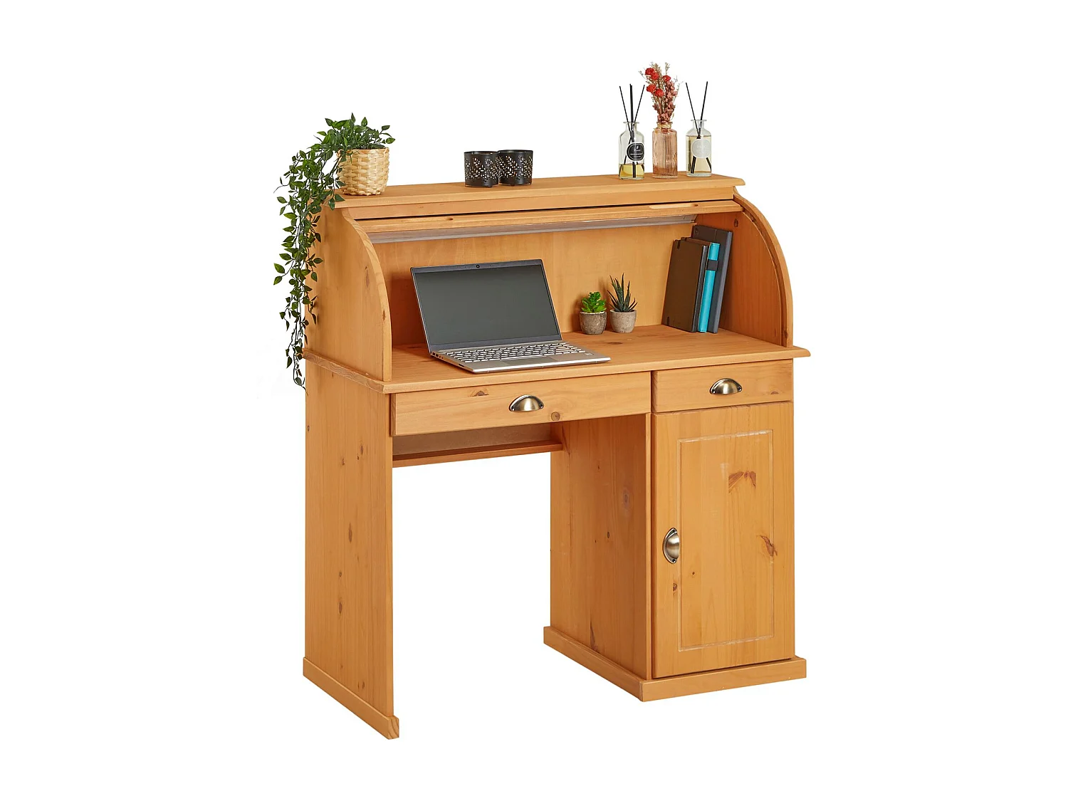 Bureau secrétaire TOM avec volet roulant rangement 2 tiroirs et 1 porte avec étagère, en pin massif lasuré brun