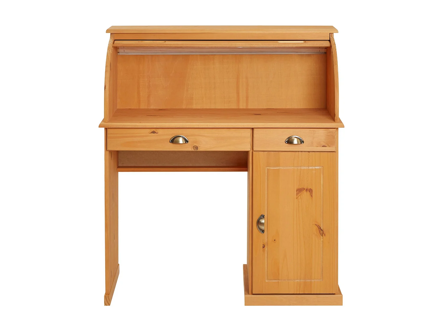 Bureau secrétaire TOM avec volet roulant rangement 2 tiroirs et 1 porte avec étagère, en pin massif lasuré brun