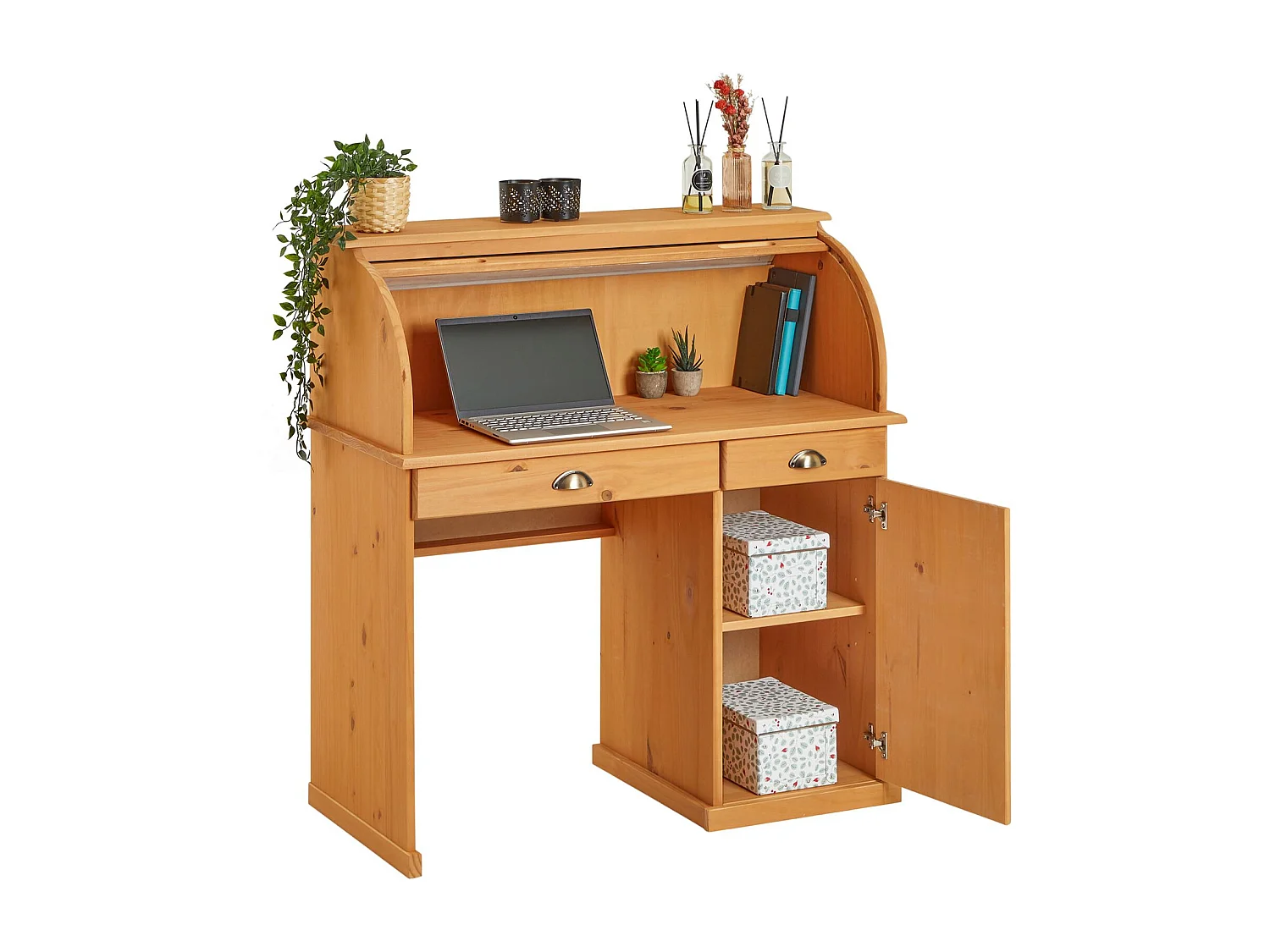 Bureau secrétaire TOM avec volet roulant rangement 2 tiroirs et 1 porte avec étagère, en pin massif lasuré brun