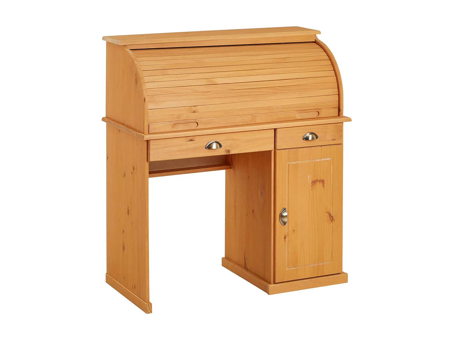 Bureau secrétaire TOM avec volet roulant rangement 2 tiroirs et 1 porte avec étagère, en pin massif lasuré brun