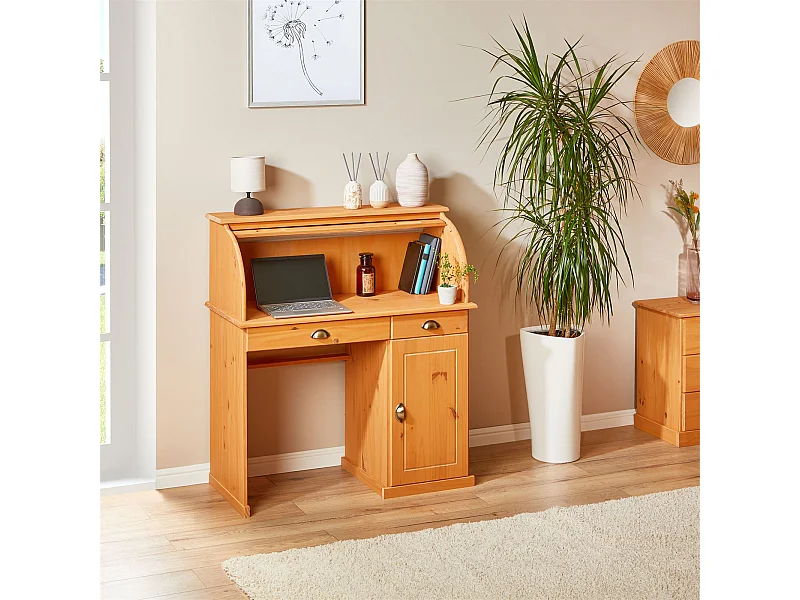 Bureau secrétaire TOM avec volet roulant rangement 2 tiroirs et 1 porte avec étagère, en pin massif lasuré brun