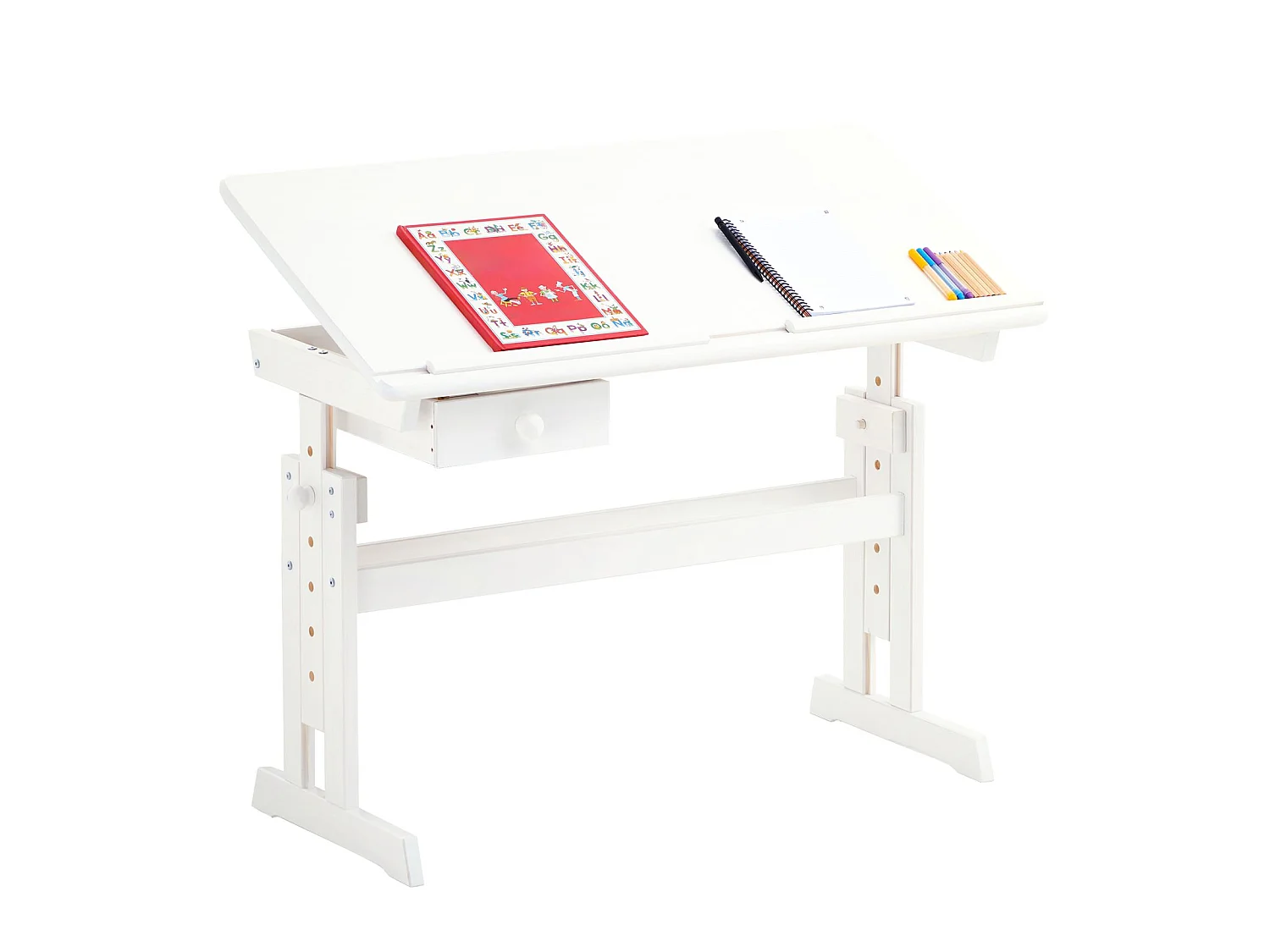 Bureau enfant écolier junior FLEXI table à dessin réglable en hauteur et pupitre inclinable avec 1 tiroir en pin massif lasuré blanc