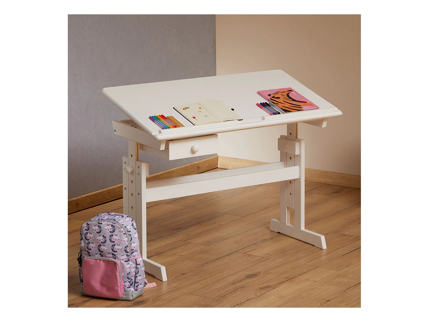 Bureau enfant écolier junior FLEXI table à dessin réglable en hauteur et pupitre inclinable avec 1 tiroir en pin massif lasuré blanc