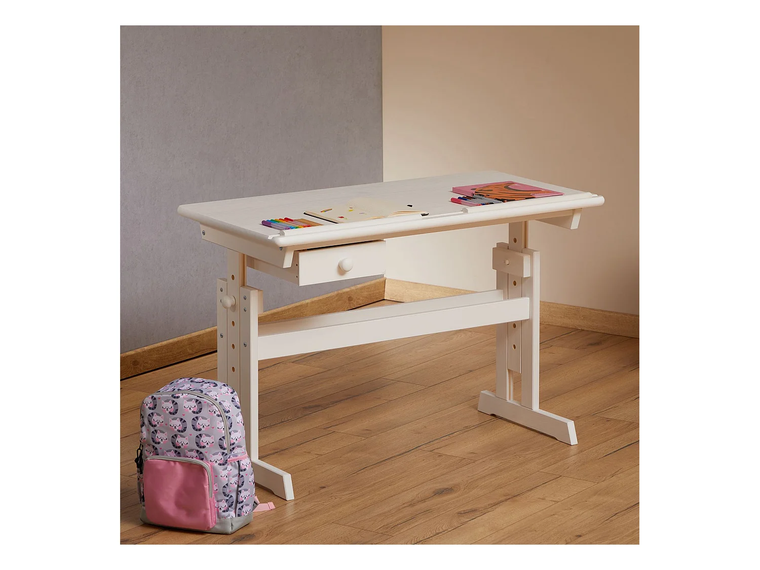 Bureau enfant écolier junior FLEXI table à dessin réglable en hauteur et pupitre inclinable avec 1 tiroir en pin massif lasuré blanc