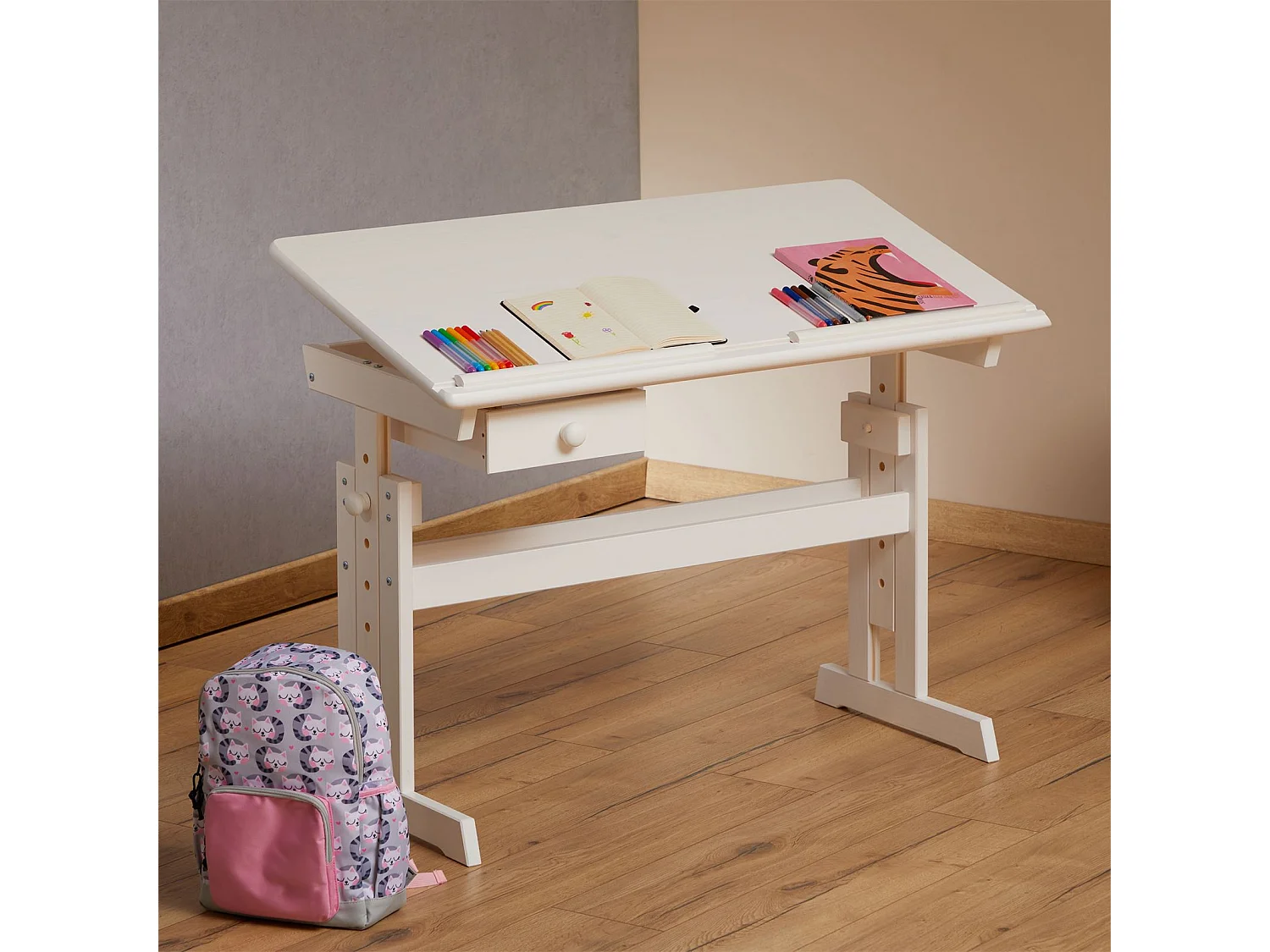 Bureau enfant écolier junior FLEXI table à dessin réglable en hauteur et pupitre inclinable avec 1 tiroir en pin massif lasuré blanc