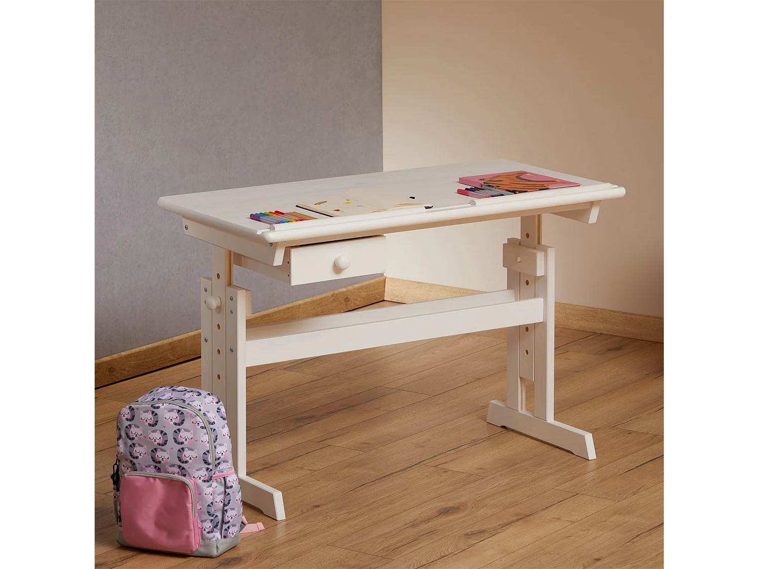 Bureau enfant écolier junior FLEXI table à dessin réglable en hauteur et pupitre inclinable avec 1 tiroir en pin massif lasuré blanc