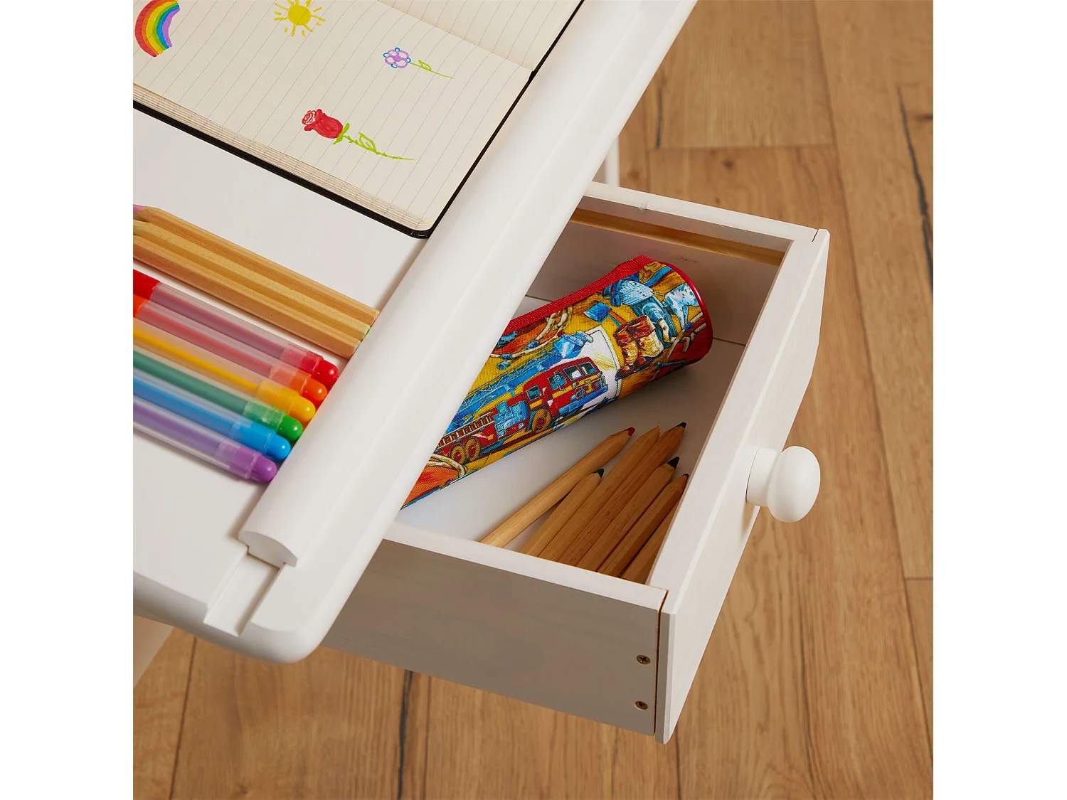 Bureau enfant écolier junior FLEXI table à dessin réglable en hauteur et pupitre inclinable avec 1 tiroir en pin massif lasuré blanc