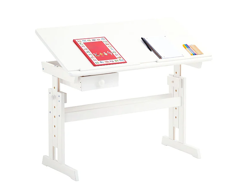 Bureau enfant écolier junior FLEXI table à dessin réglable en hauteur et pupitre inclinable avec 1 tiroir en pin massif lasuré blanc