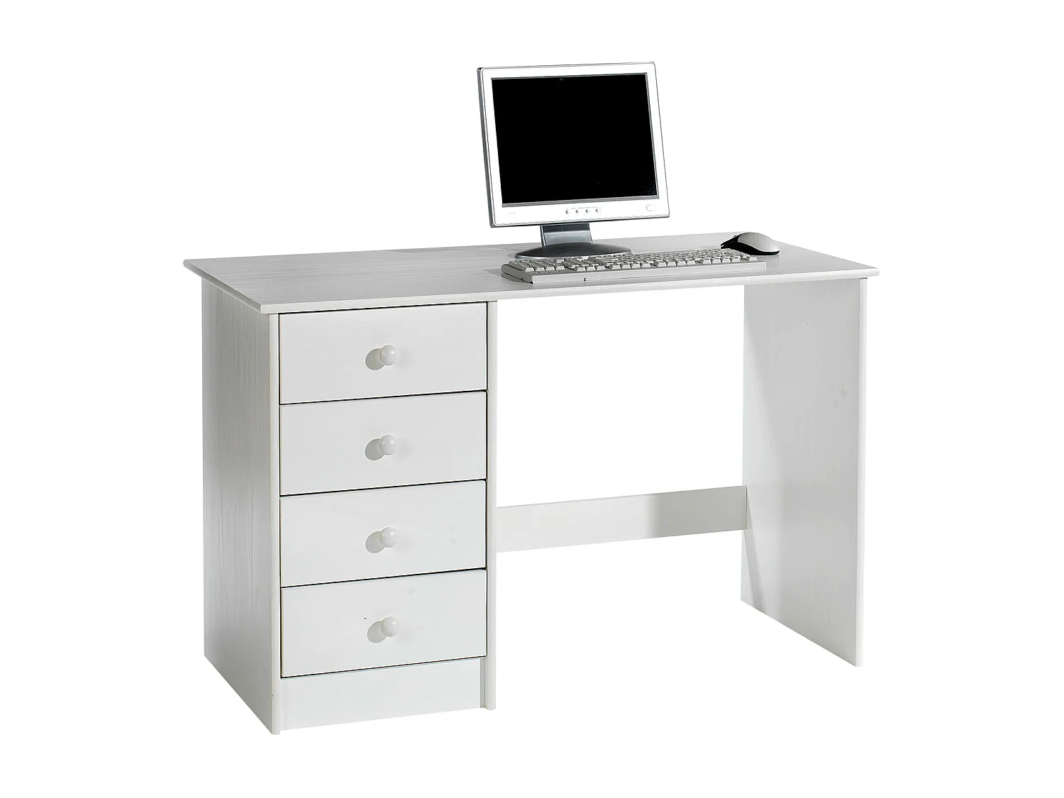 Bureau ARNE pour enfant ou adulte multi rangements, avec 4 tiroirs, en pin massif lasuré blanc