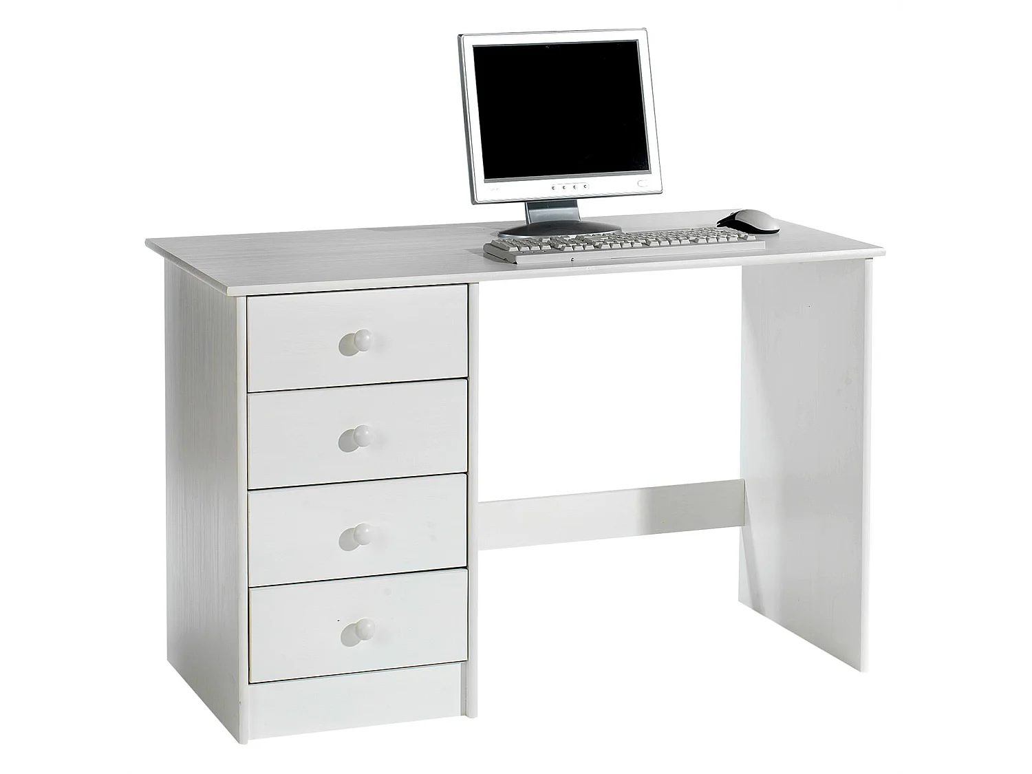 Bureau ARNE pour enfant ou adulte multi rangements, avec 4 tiroirs, en pin massif lasuré blanc