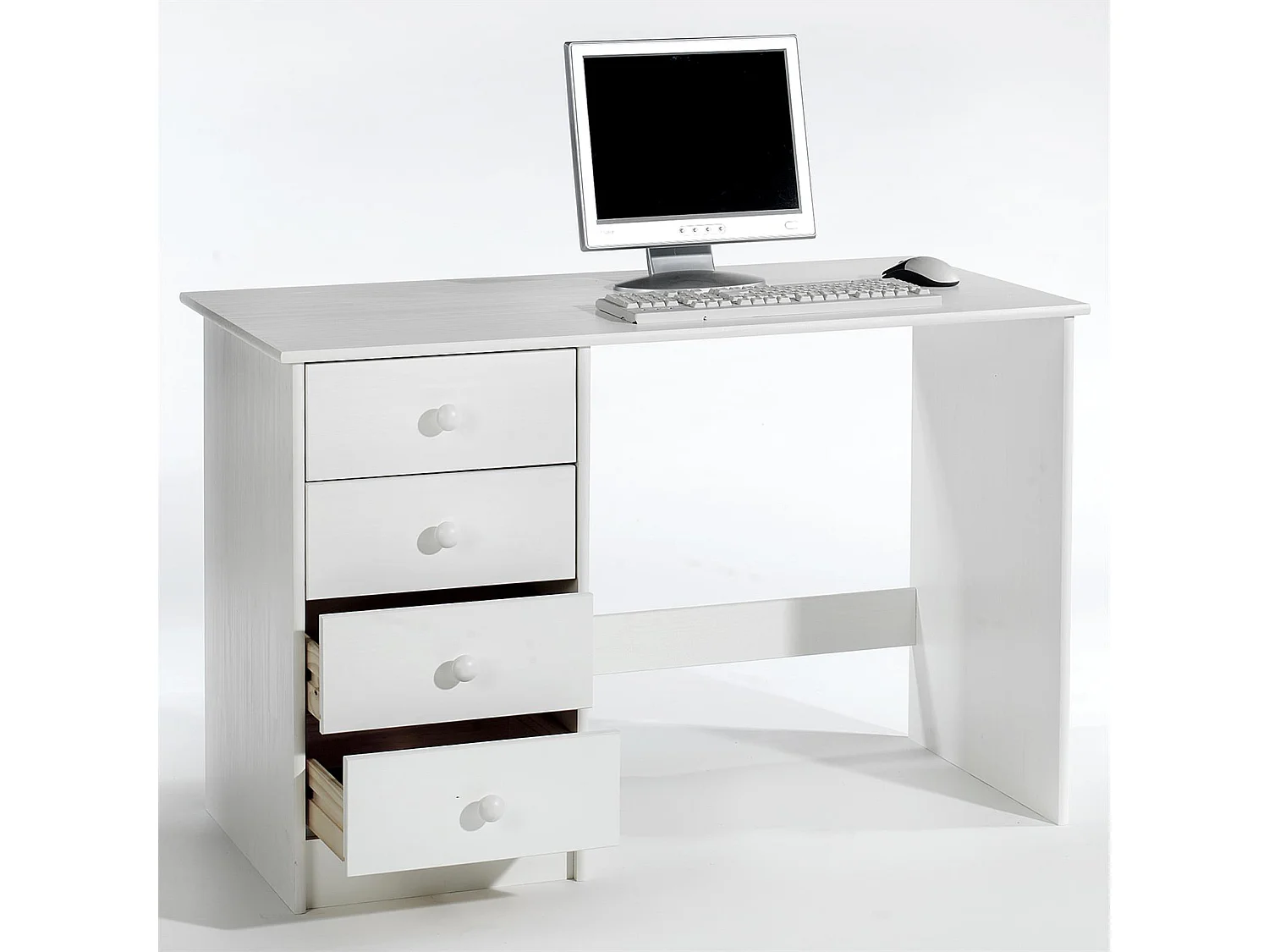 Bureau ARNE pour enfant ou adulte multi rangements, avec 4 tiroirs, en pin massif lasuré blanc