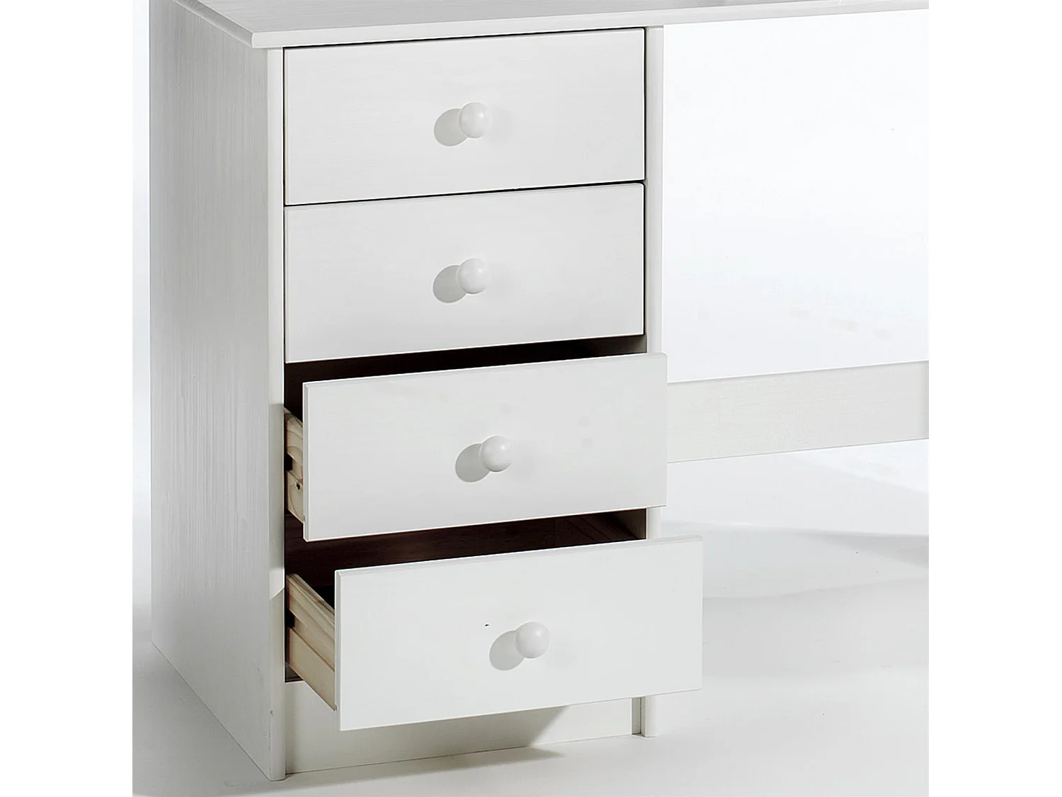 Bureau ARNE pour enfant ou adulte multi rangements, avec 4 tiroirs, en pin massif lasuré blanc