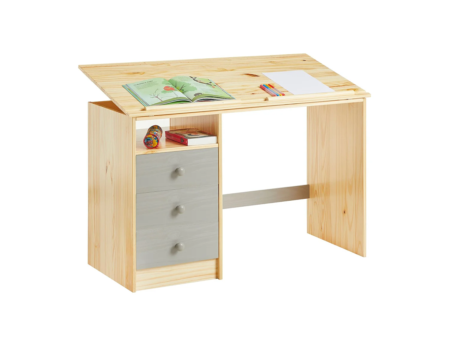 Bureau enfant écolier junior KEVIN pupitre inclinable avec 3 tiroirs 1 casier en pin massif vernis naturel et lasuré gris