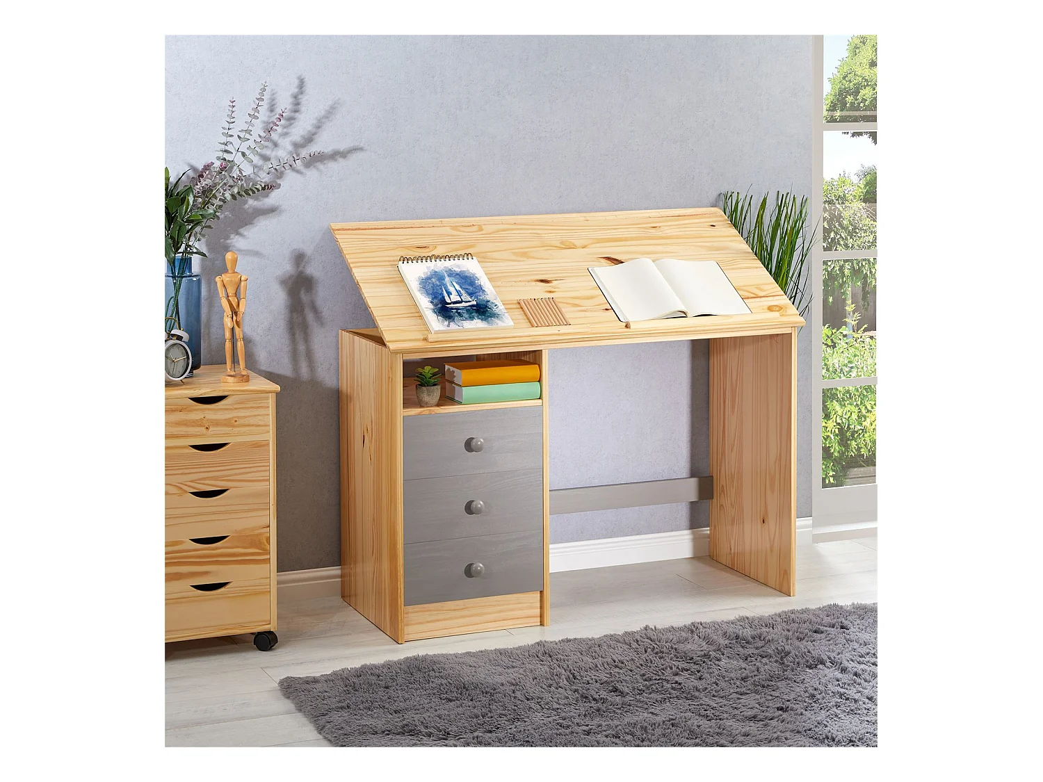 Bureau enfant écolier junior KEVIN pupitre inclinable avec 3 tiroirs 1 casier en pin massif vernis naturel et lasuré gris