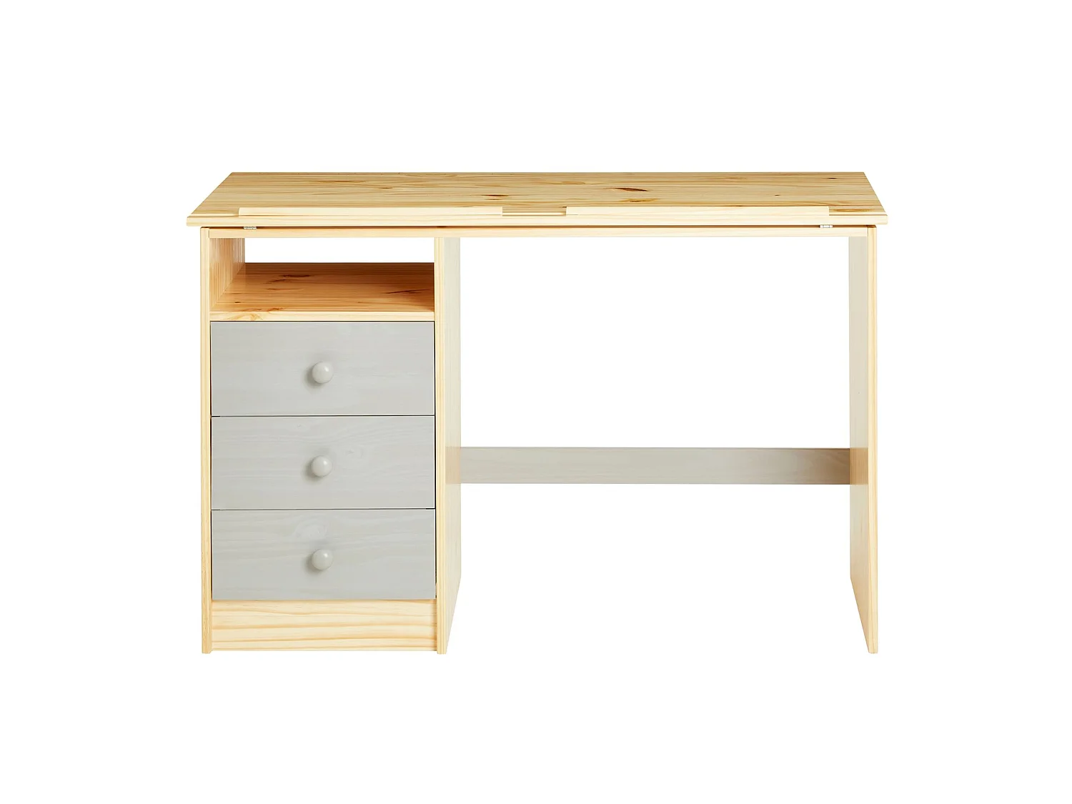 Bureau enfant écolier junior KEVIN pupitre inclinable avec 3 tiroirs 1 casier en pin massif vernis naturel et lasuré gris