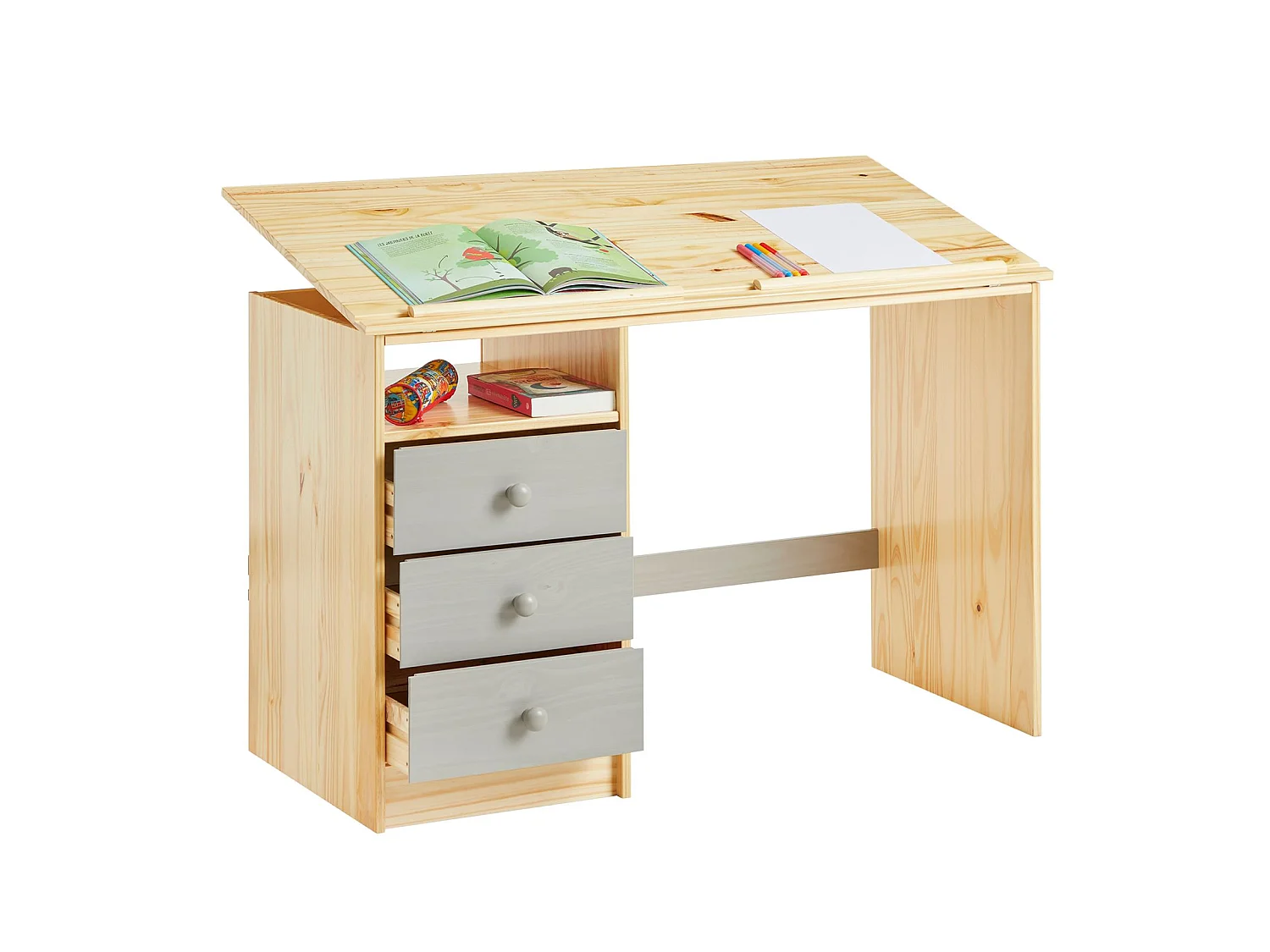 Bureau enfant écolier junior KEVIN pupitre inclinable avec 3 tiroirs 1 casier en pin massif vernis naturel et lasuré gris