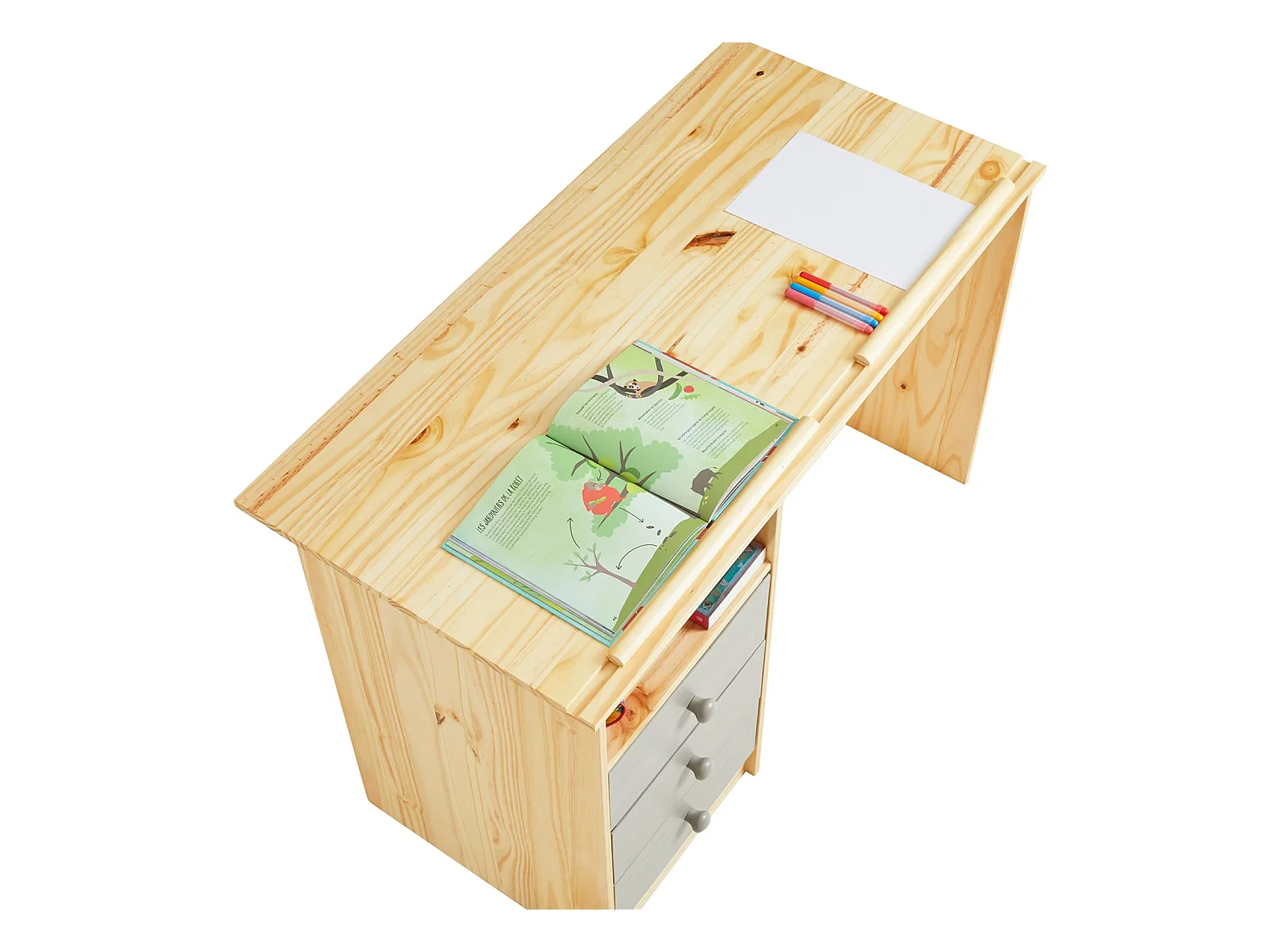 Bureau enfant écolier junior KEVIN pupitre inclinable avec 3 tiroirs 1 casier en pin massif vernis naturel et lasuré gris