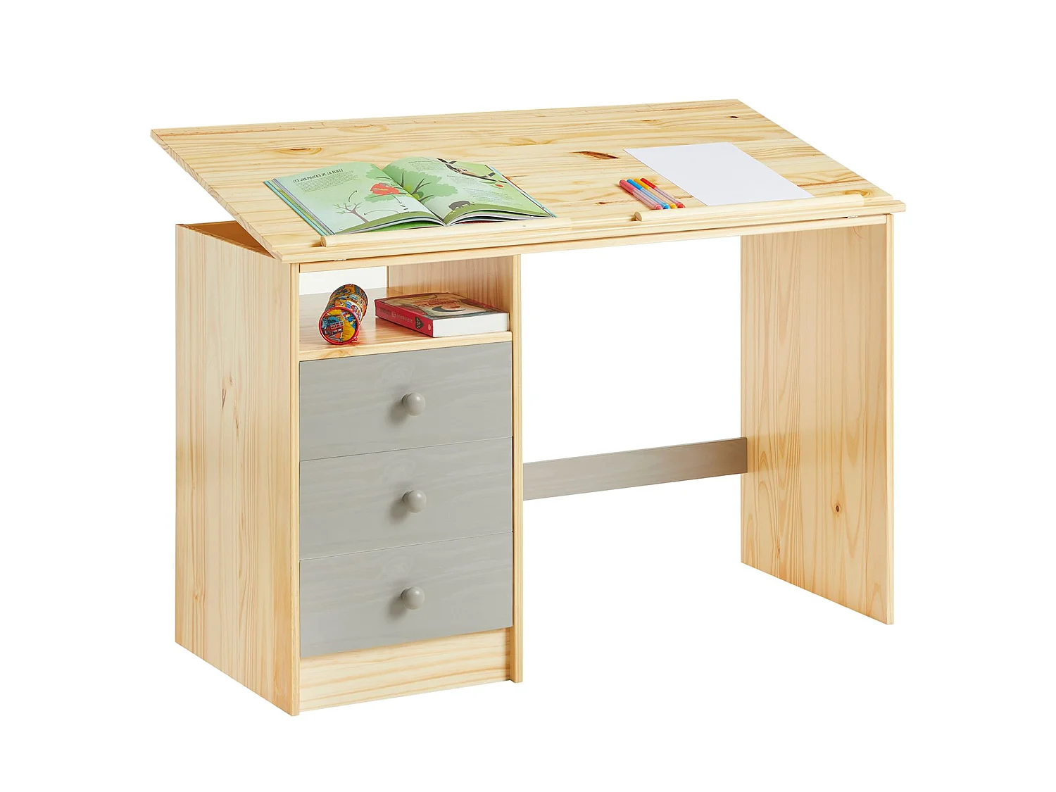 Bureau enfant écolier junior KEVIN pupitre inclinable avec 3 tiroirs 1 casier en pin massif vernis naturel et lasuré gris