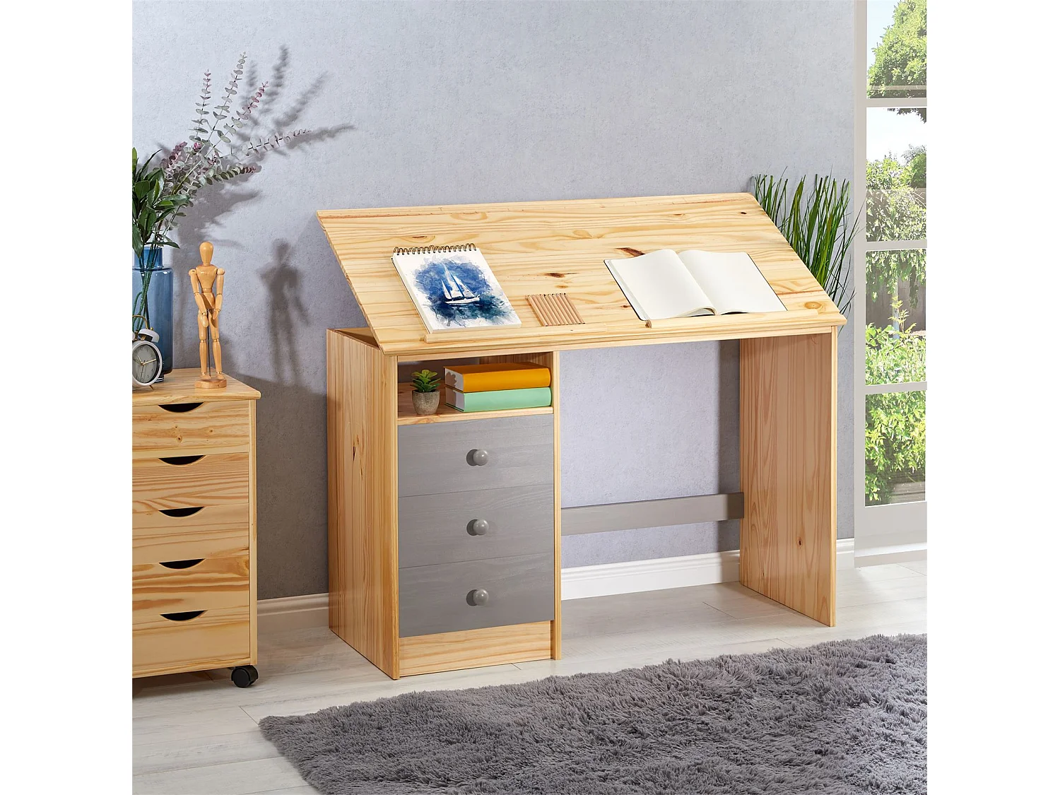 Bureau enfant écolier junior KEVIN pupitre inclinable avec 3 tiroirs 1 casier en pin massif vernis naturel et lasuré gris