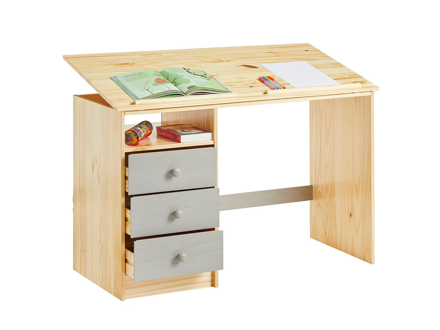 Bureau enfant écolier junior KEVIN pupitre inclinable avec 3 tiroirs 1 casier en pin massif vernis naturel et lasuré gris