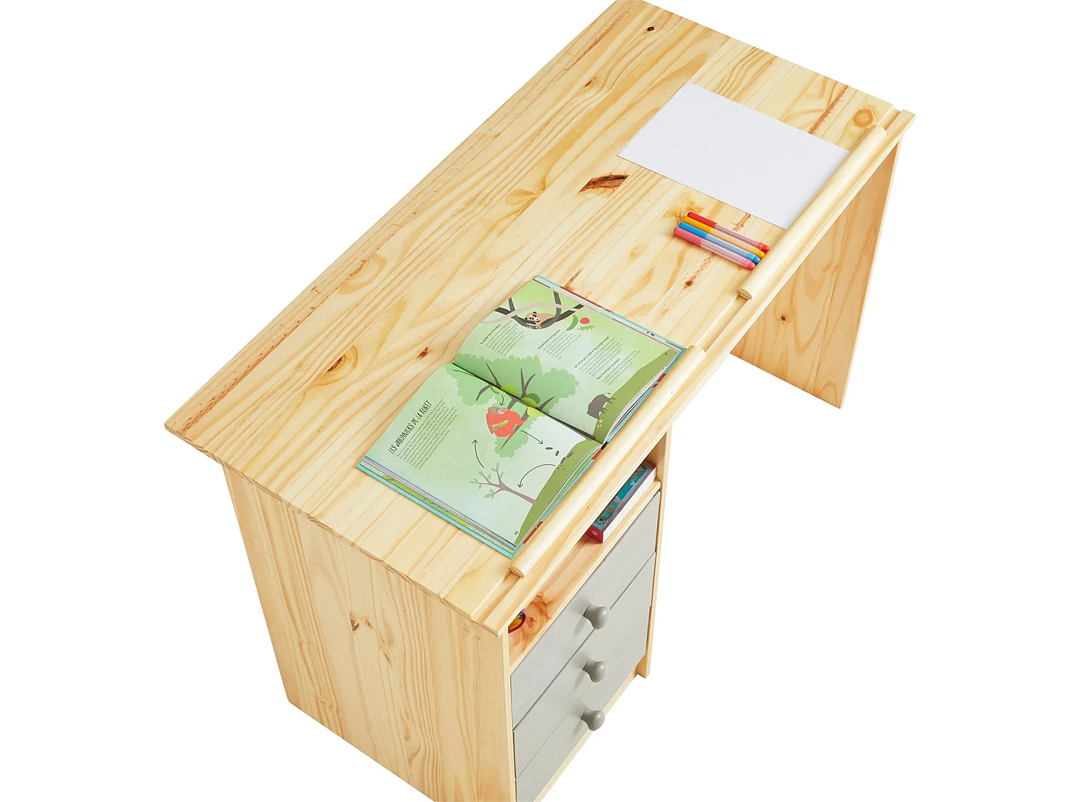 Bureau enfant écolier junior KEVIN pupitre inclinable avec 3 tiroirs 1 casier en pin massif vernis naturel et lasuré gris