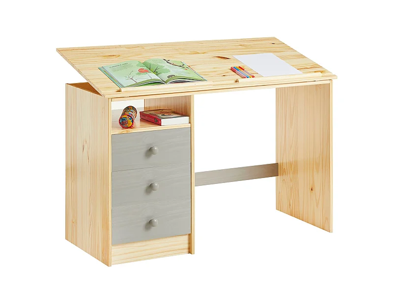 Bureau enfant écolier junior KEVIN pupitre inclinable avec 3 tiroirs 1 casier en pin massif vernis naturel et lasuré gris