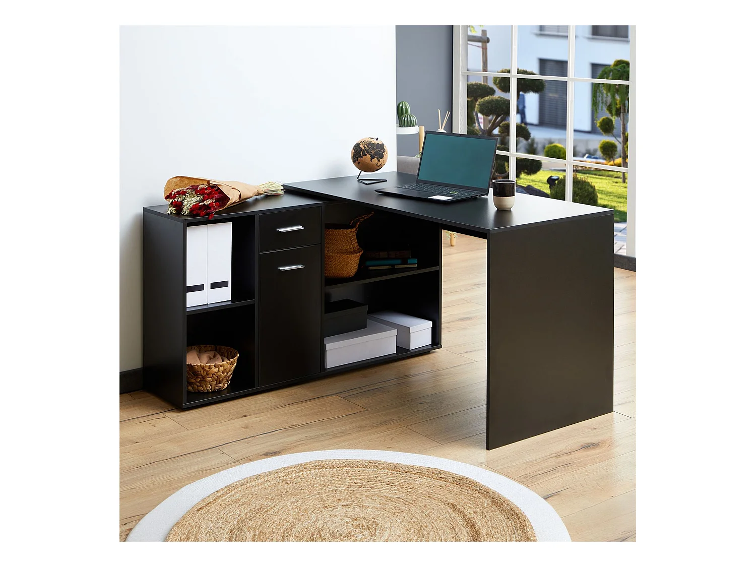 Bureau d'angle CARMEN bureau modulable avec meuble de rangement intégré 4 étagères 1 porte et 1 tiroir, décor noir mat