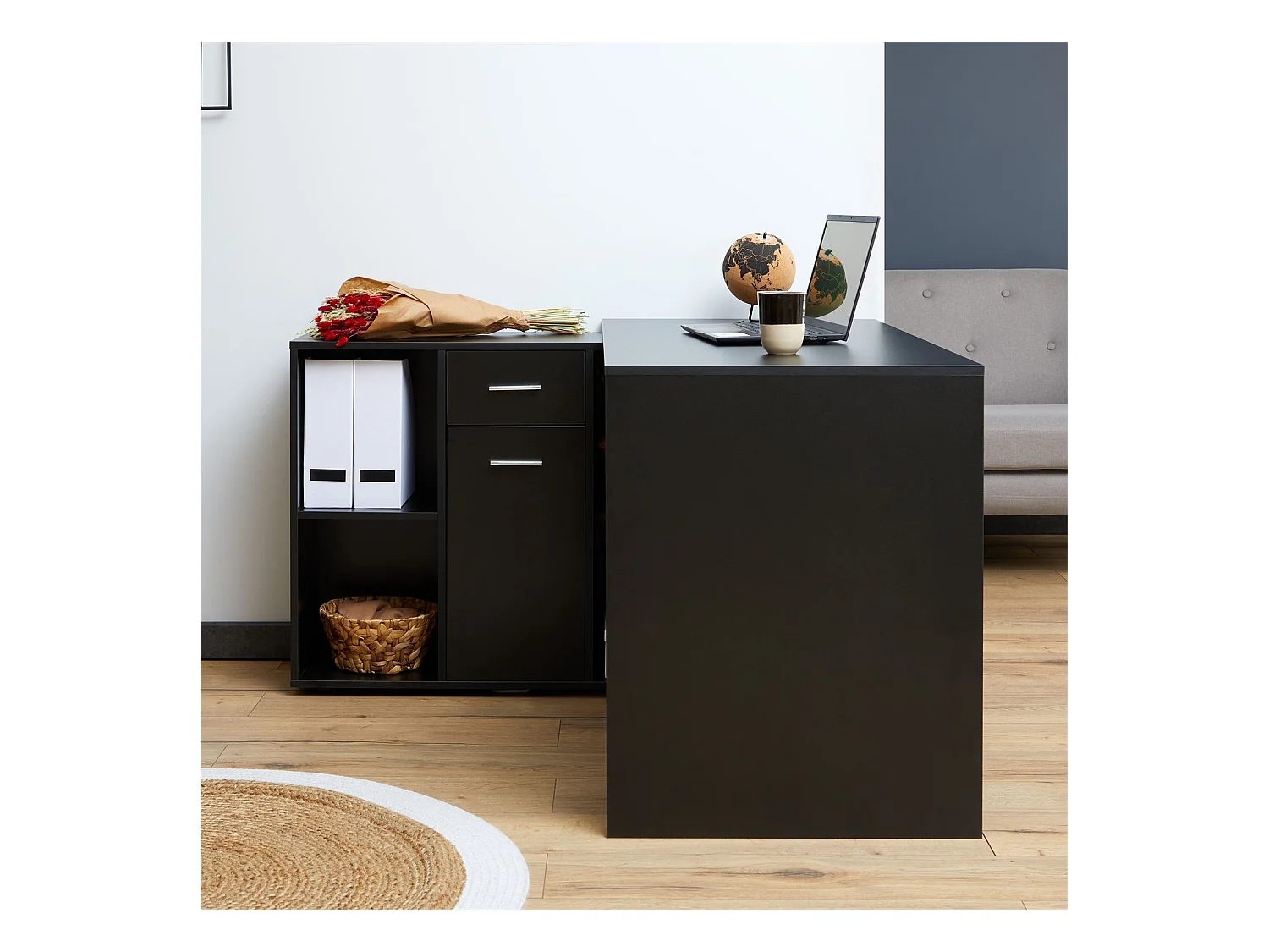 Bureau d'angle CARMEN bureau modulable avec meuble de rangement intégré 4 étagères 1 porte et 1 tiroir, décor noir mat