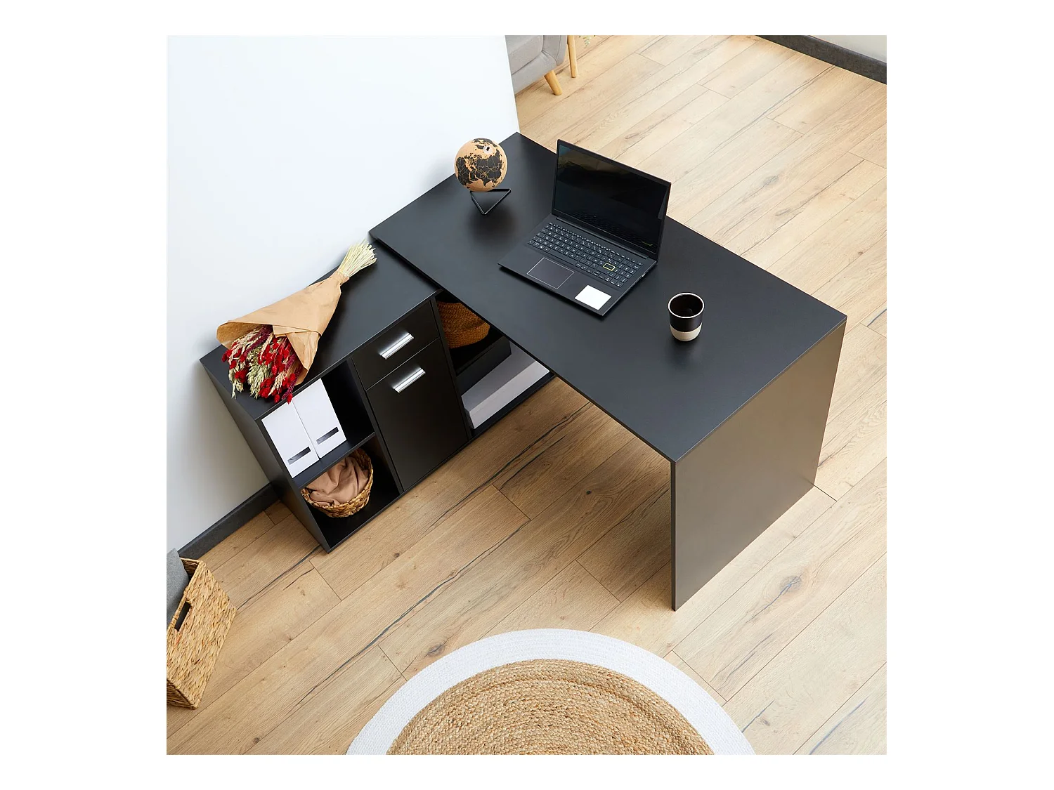 Bureau d'angle CARMEN bureau modulable avec meuble de rangement intégré 4 étagères 1 porte et 1 tiroir, décor noir mat