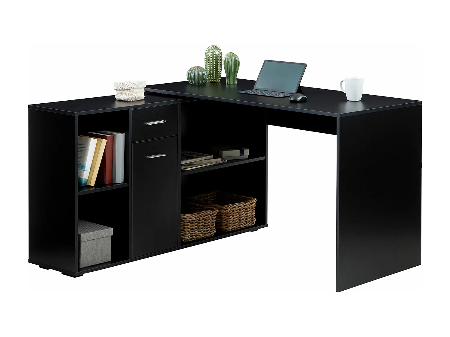 Bureau d'angle CARMEN bureau modulable avec meuble de rangement intégré 4 étagères 1 porte et 1 tiroir, décor noir mat