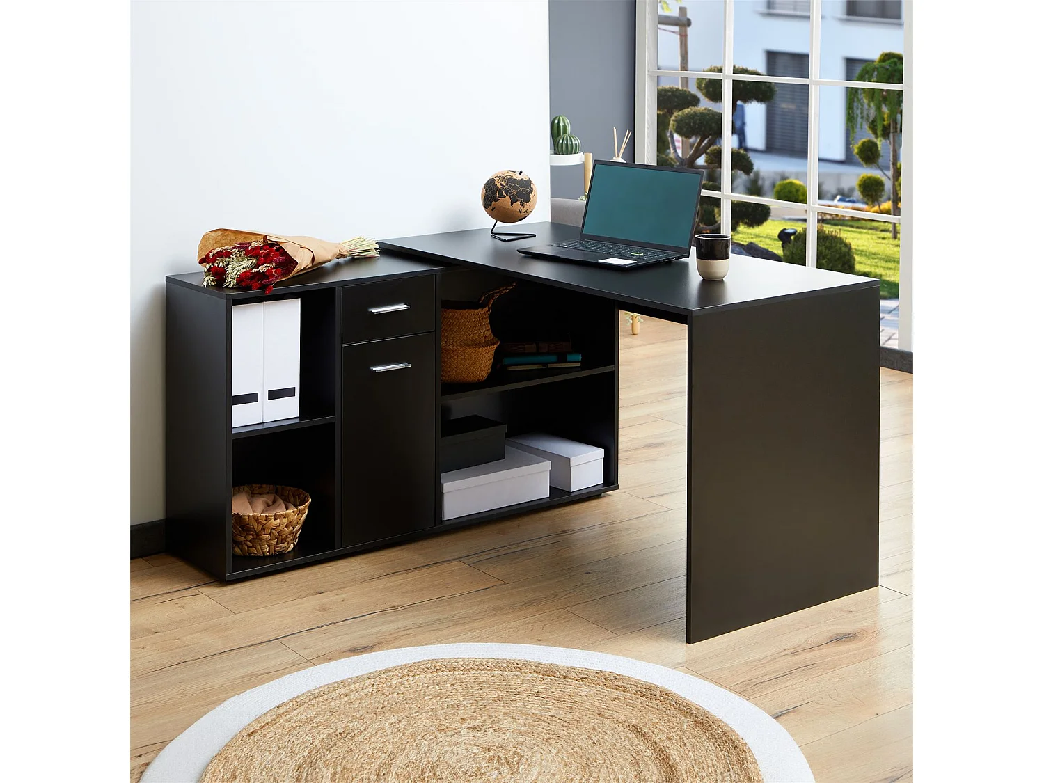 Bureau d'angle CARMEN bureau modulable avec meuble de rangement intégré 4 étagères 1 porte et 1 tiroir, décor noir mat